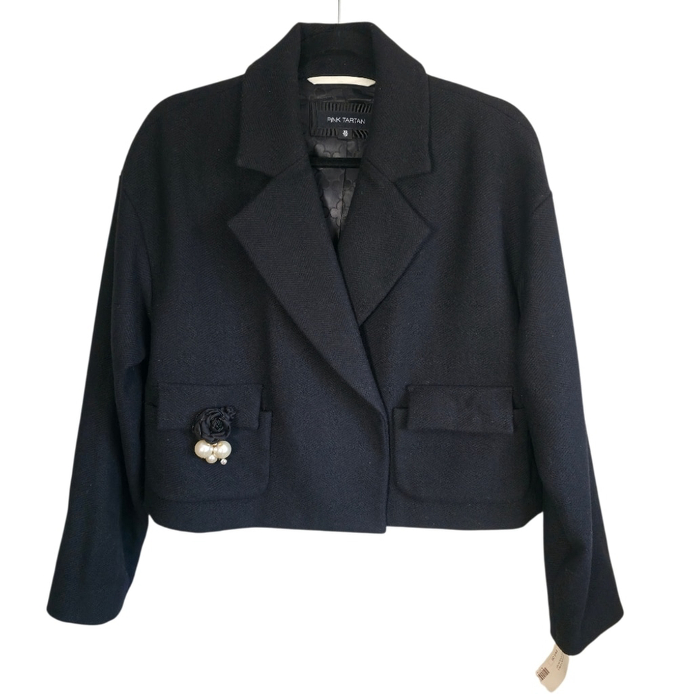 Pink Tartan Cropped Wool Jacket Black Embellished Blazer XS